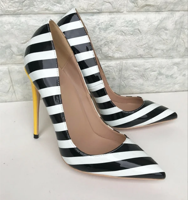 Chic / Beautiful Black White Striped Casual Pumps 2019 12 cm Stiletto Heels Pointed Toe Pumps