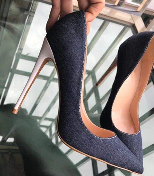 Schöne Marineblau Freizeit Pumps 2019 Leder 12 cm Stilettos Spitzschuh Pumps