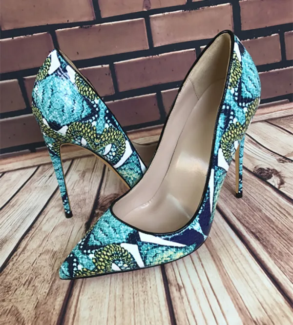 Fine Jadegrønn Casual Pumps 2019 Slangeskinn Print 12 cm Stiletthæler Spisse Pumps