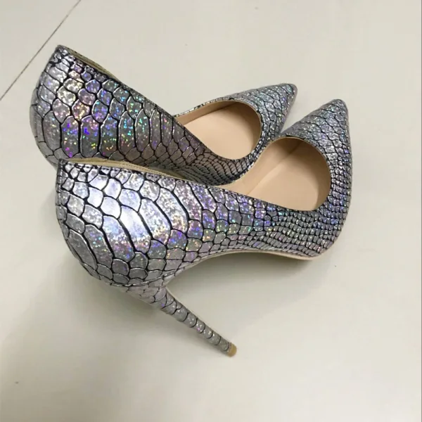 Amazing / Unique Silver Rave Club Pumps 2019 Snakeskin Print Leather 12 cm Stiletto Heels Pointed Toe Pumps