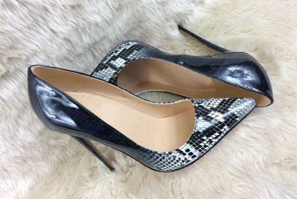 Fine Svart Casual Pumps 2019 Lær Slangeskinn Print 12 cm Stiletthæler Spisse Pumps