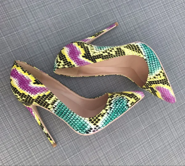 Amazing / Unique Multi-Colors Rave Club Pumps 2019 Leather Snakeskin Print 12 cm Stiletto Heels Pointed Toe Pumps
