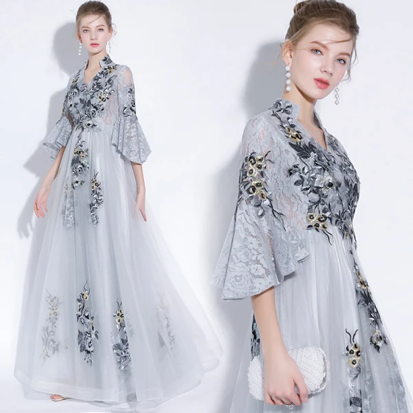 Chinese style Grey Evening Dresses  2018 A-Line / Princess Lace Appliques V-Neck 3/4 Sleeve Floor-Length / Long Formal Dresses