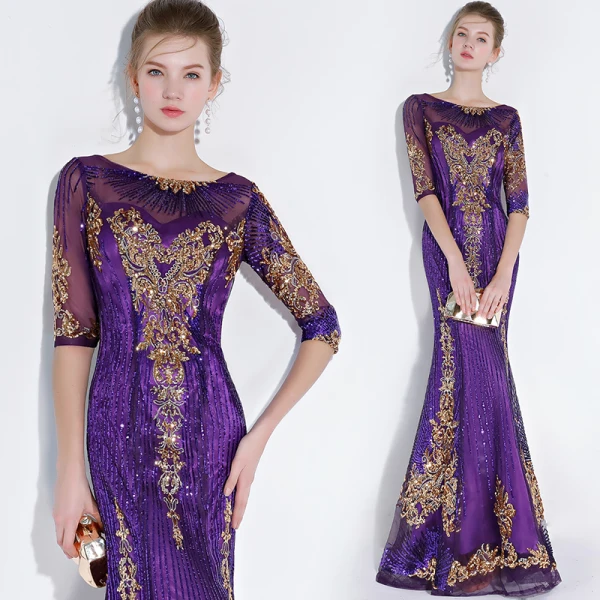 Scintillantes Grape Robe De Soirée 2018 Trompette / Sirène Glitter Paillettes Brodé Encolure Dégagée 1/2 Manches Longue Robe De Ceremonie
