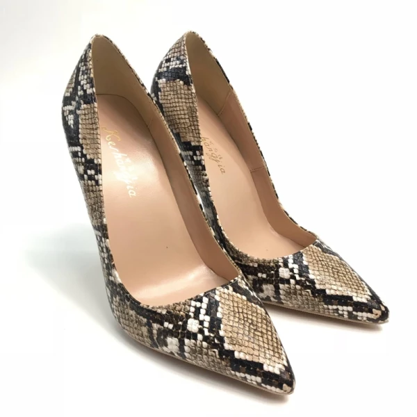 Schöne Braun Abend Pumps 2019 Schlangenhautmuster 12 cm Stilettos Spitzschuh Pumps