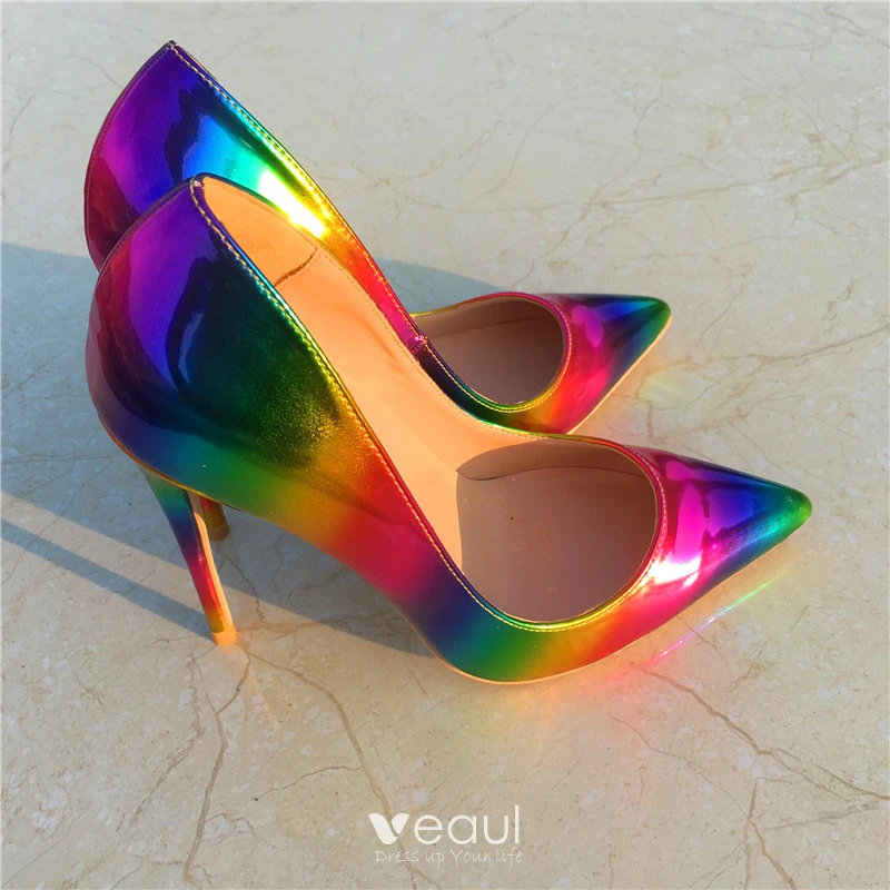 Chic Belle Arc en ciel Club de carnaval Escarpins 2019 Multi Couleurs Cuir 10 cm Talons Aiguilles A Bout Pointu Escarpins