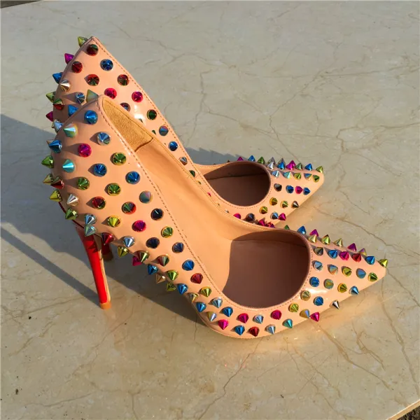 Schöne Nude Abend Pumps 2019 Leder Multifarben Niet 12 cm Stilettos Spitzschuh Pumps