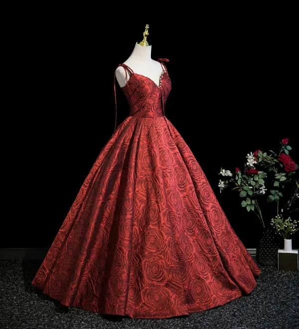 Unusual Burgundy Flower Printing Prom Dresses 2025 Ball Gown Spaghetti Straps Sleeveless Backless Floor-Length / Long Formal Dresses