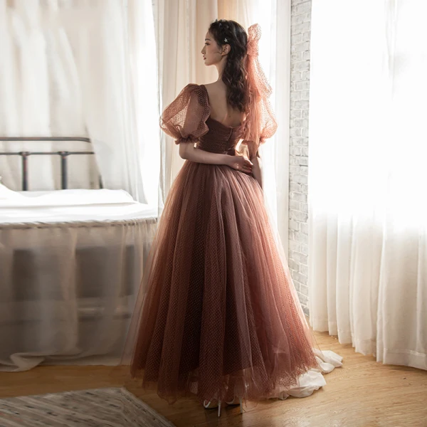 Vintage / Retro Brown Spotted Prom Dresses 2021 A-Line / Princess Square Neckline Bell sleeves Backless Floor-Length / Long Formal Dresses