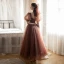 Vintage / Retro Brown Spotted Prom Dresses 2021 A-Line / Princess Square Neckline Bell sleeves Backless Floor-Length / Long Formal Dresses