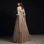 Fashion Champagne Pearl Prom Dresses 2021 A-Line / Princess One-Shoulder Short Sleeve Backless Floor-Length / Long Formal Dresses