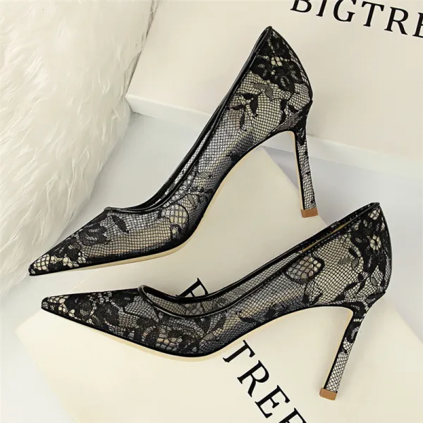 Fine Sølv Blonder Aften Pumps 2019 8 cm Stiletthæler Spisse Pumps