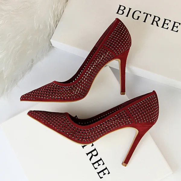 Schöne Schwarz Freizeit Durchbohrt Pumps 2019 Wildleder Strass 9 cm Stilettos Spitzschuh Pumps
