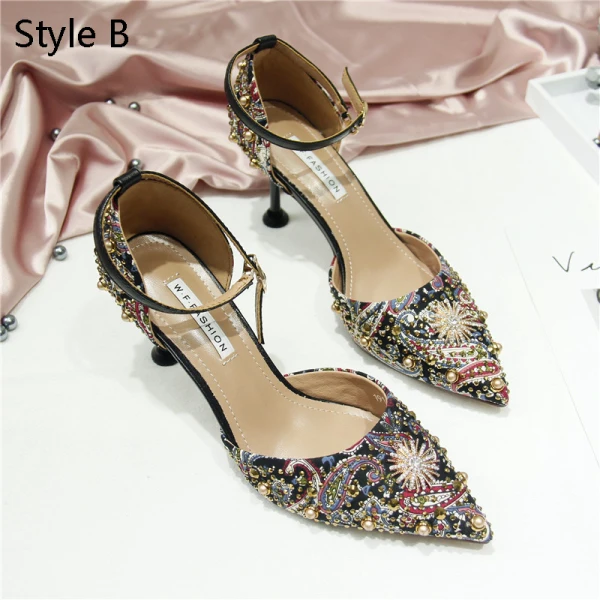 Chic / Beautiful Black Evening Party Womens Shoes 2019 Ankle Strap Pearl Rhinestone 5 cm Stiletto Heels Pointed Toe High Heels