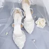 Elegant White Wedding Shoes 2019 X-Strap Lace Sequins Bow 5 cm Stiletto Heels Pointed Toe Wedding High Heels