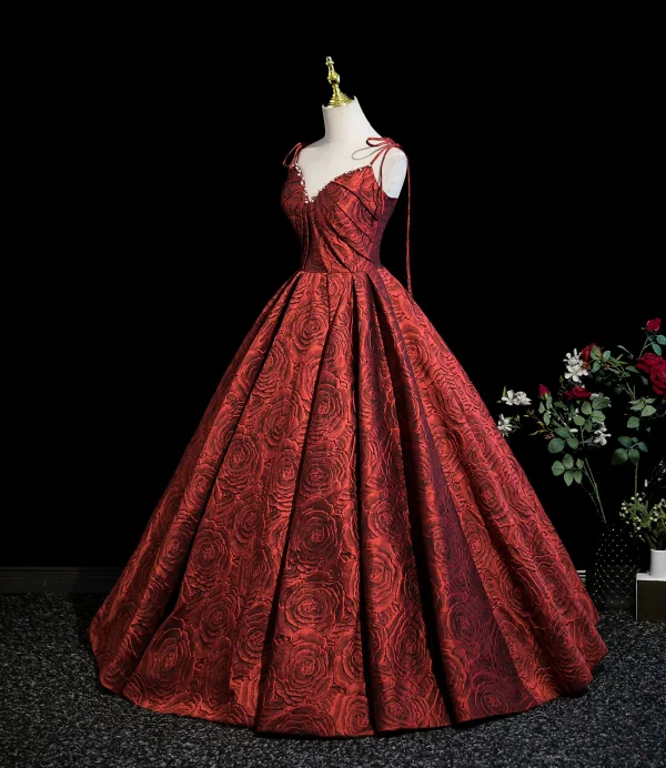 Unusual Burgundy Flower Printing Prom Dresses 2025 Ball Gown Spaghetti Straps Sleeveless Backless Floor-Length / Long Formal Dresses