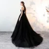 Elegant Black Prom Dresses 2018 A-Line / Princess Spaghetti Straps Backless Sleeveless Sweep Train Formal Dresses