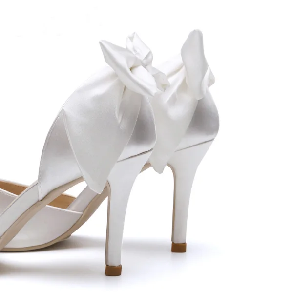 Eleganckie Białe Buty Ślubne 2019 Skórzany Satyna Kokarda 8 cm Szpilki Szpiczaste Ślub Czółenka