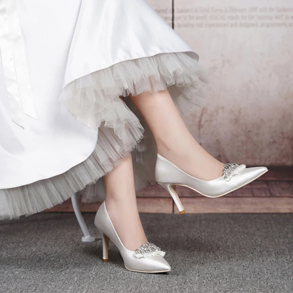 Luxury / Gorgeous White Wedding Shoes 2019 Leather Rhinestone 8 cm Stiletto Heels Pointed Toe Wedding Pumps