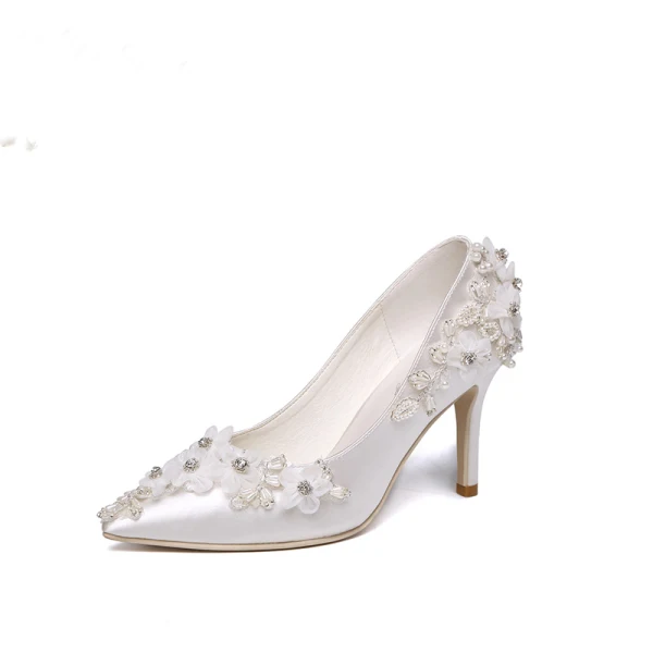 Luxury / Gorgeous White Wedding Shoes 2019 Leather Appliques Pearl Rhinestone 8 cm Stiletto Heels Pointed Toe Wedding Pumps