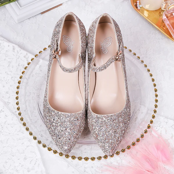 Sparkly Sølv Brudesko 2019 Paljetter Spenne 12 cm Stiletthæler Spisse Pumps