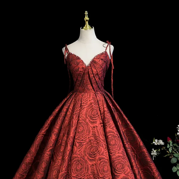 Unusual Burgundy Flower Printing Prom Dresses 2025 Ball Gown Spaghetti Straps Sleeveless Backless Floor-Length / Long Formal Dresses