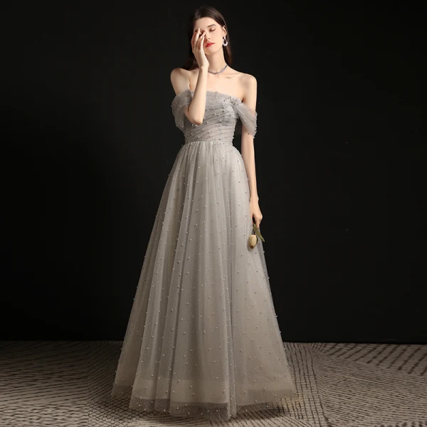 Charming Grey Pearl Prom Dresses 2021 A-Line / Princess Off-The-Shoulder Sleeveless Backless Floor-Length / Long Formal Dresses