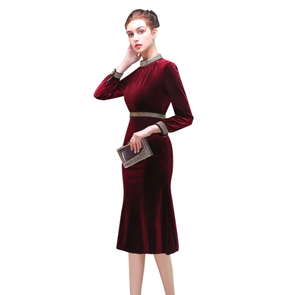 Élégant Bordeaux Robe De Soirée 2019 Encolure Dégagée Daim 3/4 Manches Thé Longueur Robe De Ceremonie