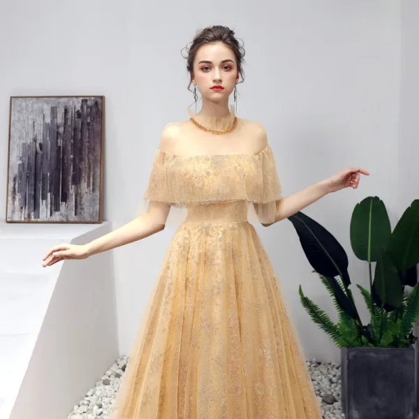 Chic / Beautiful Gold Prom Dresses 2019 A-Line / Princess Scoop Neck Sequins Crystal Short Sleeve Backless Floor-Length / Long Formal Dresses