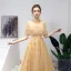 Chic / Beautiful Gold Prom Dresses 2019 A-Line / Princess Scoop Neck Sequins Crystal Short Sleeve Backless Floor-Length / Long Formal Dresses