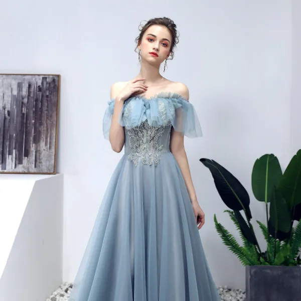 Élégant Bleu Robe De Bal 2019 Princesse De l'épaule Perlage Perle En Dentelle Fleur Manches Courtes Dos Nu Longue Robe De Ceremonie