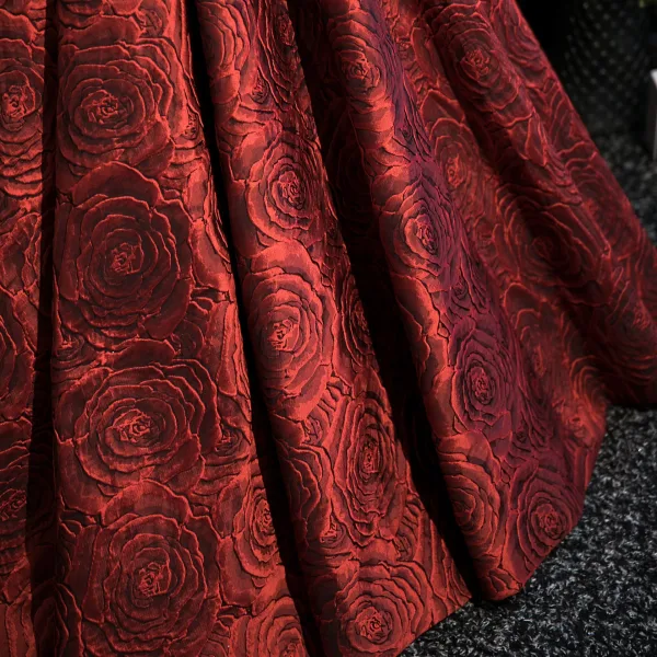 Unusual Burgundy Flower Printing Prom Dresses 2025 Ball Gown Spaghetti Straps Sleeveless Backless Floor-Length / Long Formal Dresses