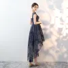 Élégant Bleu Marine Robe De Cocktail 2018 Princesse Dentelle Encolure Dégagée Dos Nu Asymétrique Robe De Ceremonie