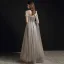 Chic / Beautiful Grey Pearl Prom Dresses 2021 A-Line / Princess Scoop Neck Short Sleeve Backless Floor-Length / Long Formal Dresses