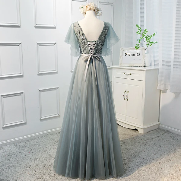 Chic / Beautiful Sage Green Prom Dresses 2019 A-Line / Princess V-Neck Beading Sequins Lace Flower Short Sleeve Backless Bow Floor-Length / Long Formal Dresses