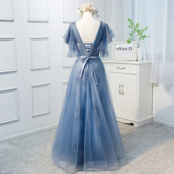 Chic / Beautiful Pool Blue Prom Dresses 2019 A-Line / Princess V-Neck Lace Short Sleeve Backless Bow Floor-Length / Long Formal Dresses