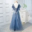 Chic / Beautiful Pool Blue Prom Dresses 2019 A-Line / Princess V-Neck Lace Short Sleeve Backless Bow Floor-Length / Long Formal Dresses