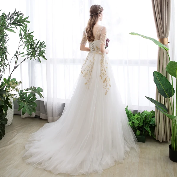 Abordable Ivoire Robe De Mariée 2019 Princesse V-Cou Paillettes En Dentelle Fleur Manches Courtes Dos Nu Train De Balayage