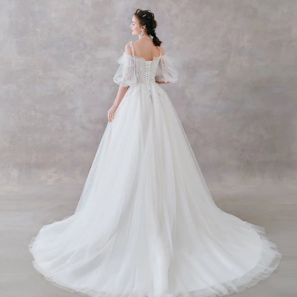 Elegant Ivory Wedding Dresses 2019 A-Line / Princess Spaghetti Straps Bow Appliques Lace Flower Sequins Short Sleeve Backless Court Train