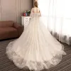 Elegant Champagne Wedding Dresses 2019 A-Line / Princess Strapless Beading Pearl Lace Short Sleeve Backless Court Train