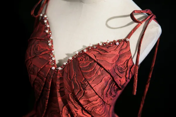 Unusual Burgundy Flower Printing Prom Dresses 2025 Ball Gown Spaghetti Straps Sleeveless Backless Floor-Length / Long Formal Dresses