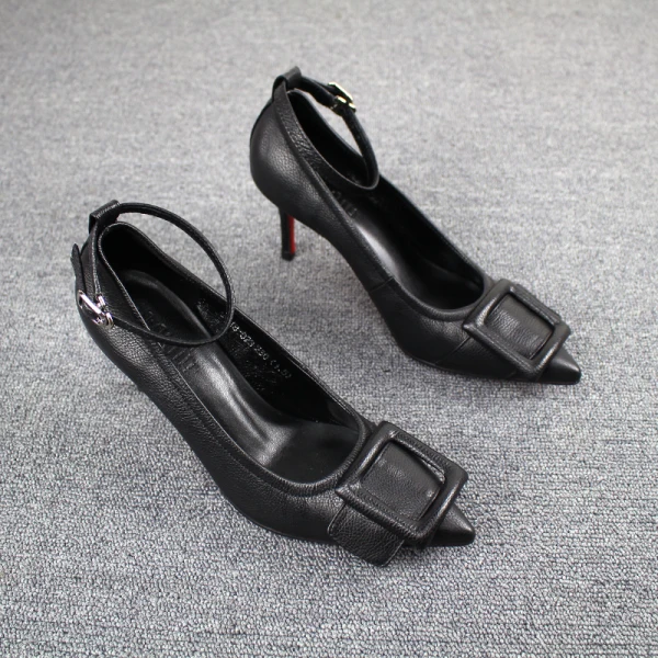 Fine Khaki Casual Damesko 2019 Lær Ankelstropp Spenne 7 cm Stiletthæler Spisse Pumps