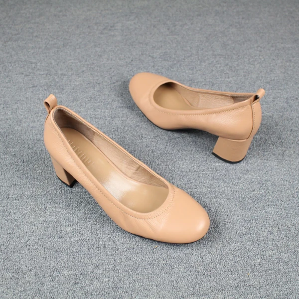 Simple Kaki Désinvolte Escarpins 2019 Cuir 5 cm Talons Épais À Bout Rond Escarpins