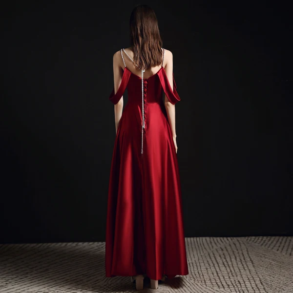 Fashion Burgundy Evening Dresses  2021 A-Line / Princess Spaghetti Straps Sleeveless Backless Floor-Length / Long Formal Dresses