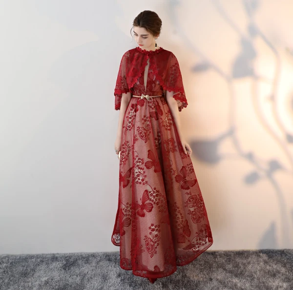 Chic / Belle Bordeaux Robe De Soirée Princesse 2018 Dentelle Impression Noeud Encolure Dégagée Avec Châle Manches Courtes Dos Nu Longue Robe De Ceremonie