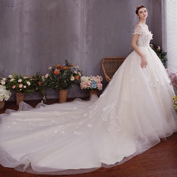 Charmant Ivoire Robe De Mariée 2019 Princesse Encolure Dégagée Perlage Appliques Manches Courtes Dos Nu Cathedral Train