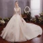 Charmant Champagner Brautkleider / Hochzeitskleider Ballkleid 2019 Tiefer V-Ausschnitt Perlenstickerei Quaste Perle Spitze Blumen Pailletten Kurze Ärmel Rückenfreies Königliche Schleppe