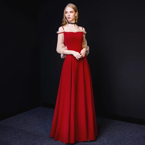 Chic / Belle Bordeaux Robe De Soirée 2019 Princesse Bretelles Spaghetti 3/4 Manches Dos Nu Longue Robe De Ceremonie