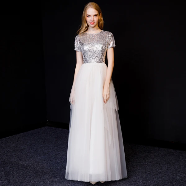 Chic / Belle Blanche Robe De Soirée 2019 Princesse Encolure Dégagée Paillettes Manches Courtes Longue Robe De Ceremonie