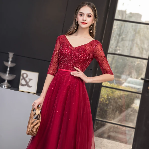 Chic / Beautiful Burgundy Evening Dresses  2019 A-Line / Princess V-Neck Lace Sequins 1/2 Sleeves Backless Floor-Length / Long Formal Dresses